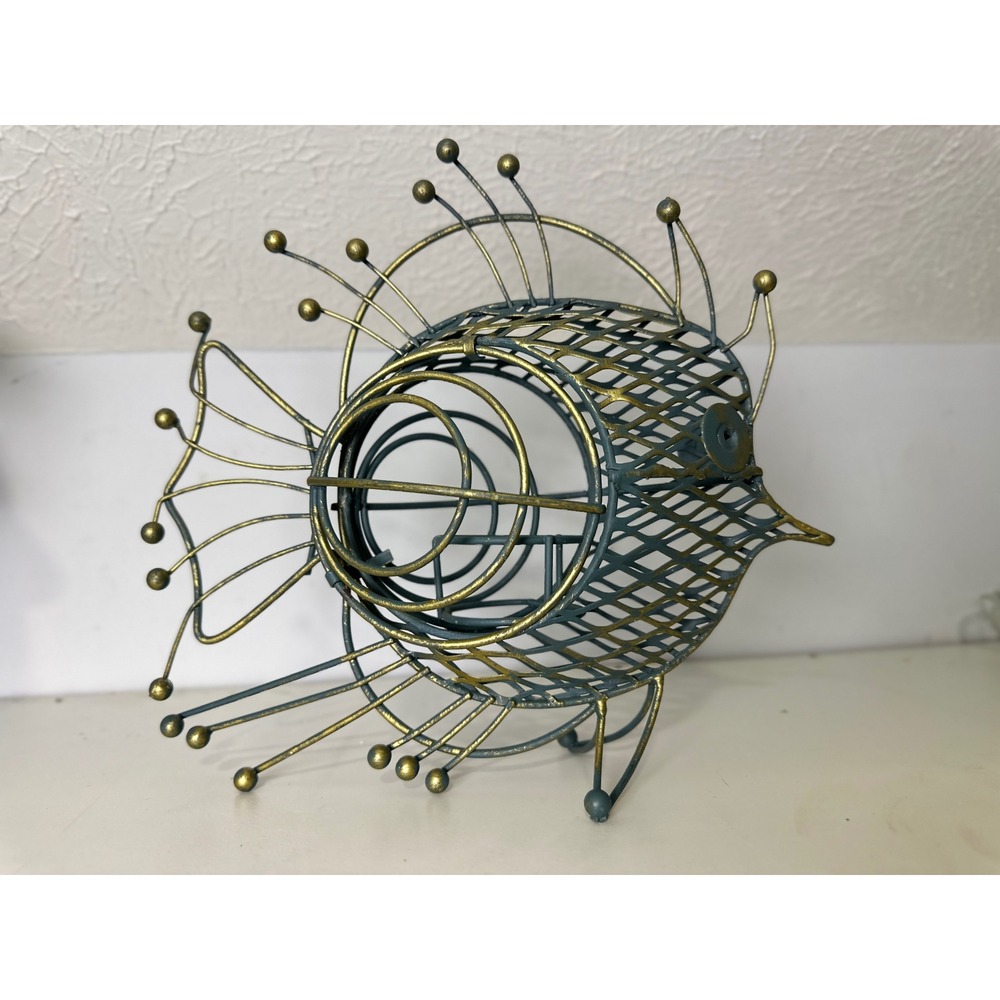 MCM Vintage Wire Fish Candle Holder Metal Verdigris Gold Votive Decor
